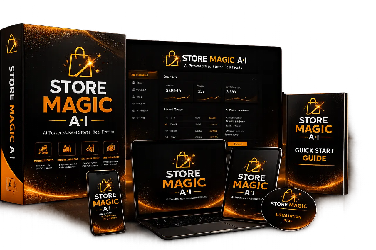 StoreMagic AI product mockup — software box, dashboard, mobile, laptop, tablet and guide
